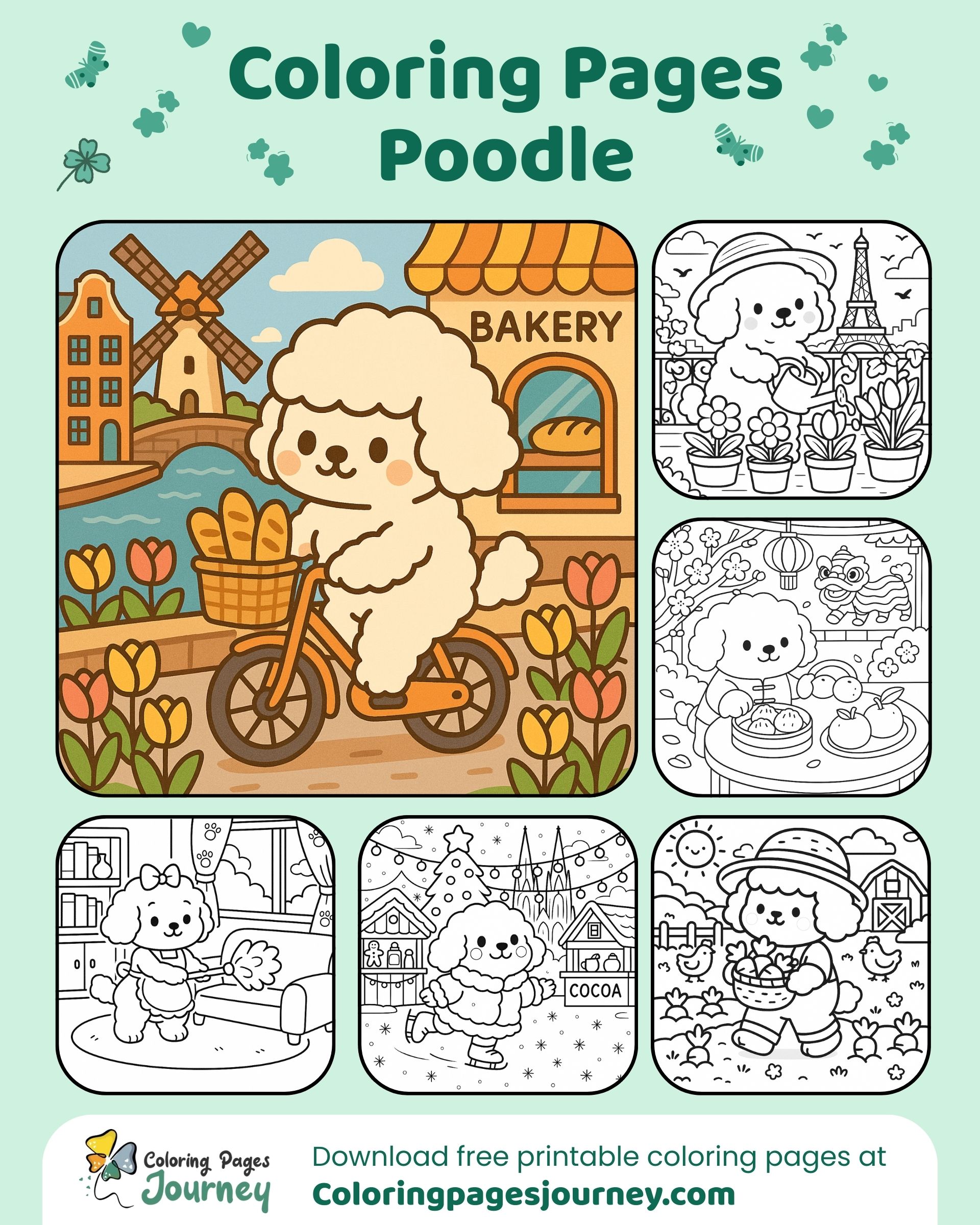 Poodle coloring pages showing cute daily life ideas