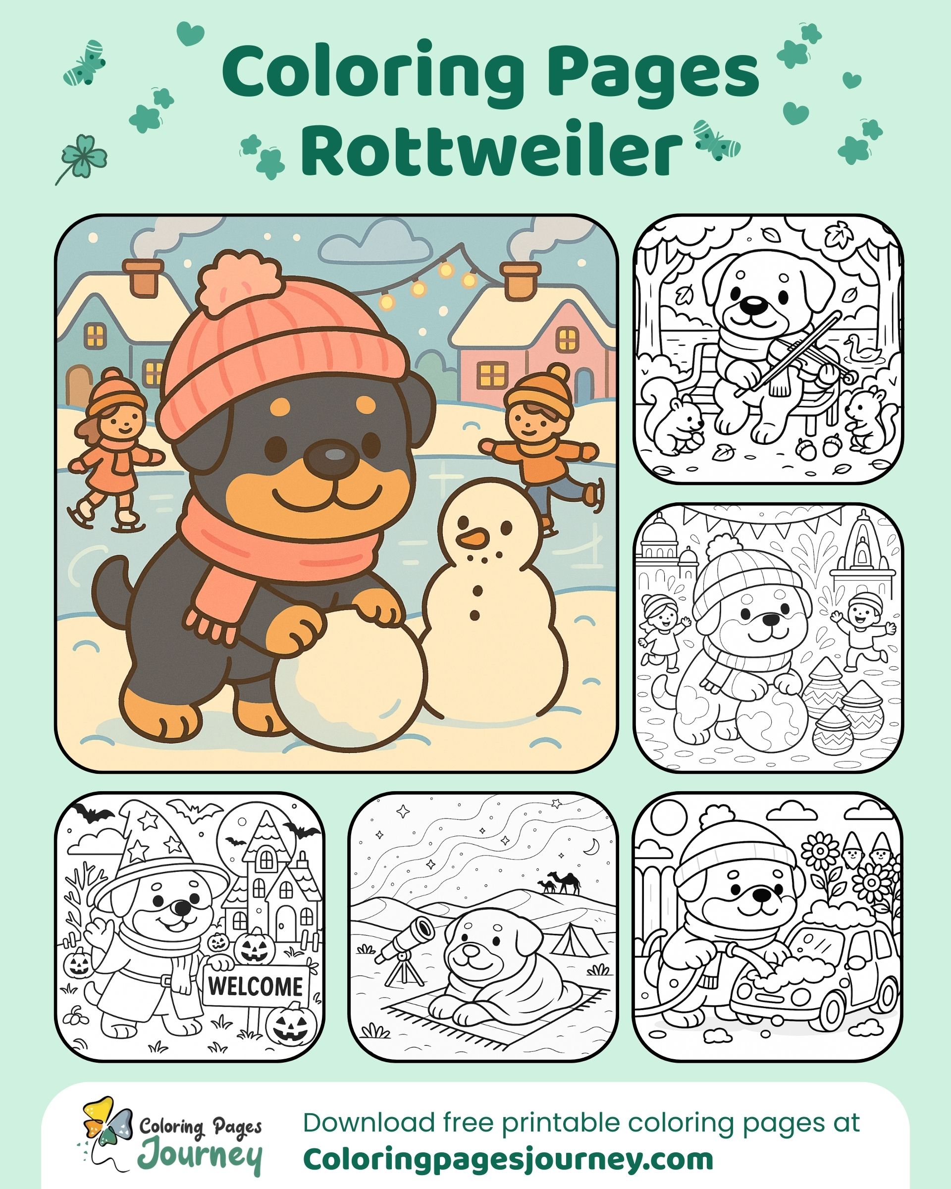 Rottweiler coloring pages with winter and playful scenes