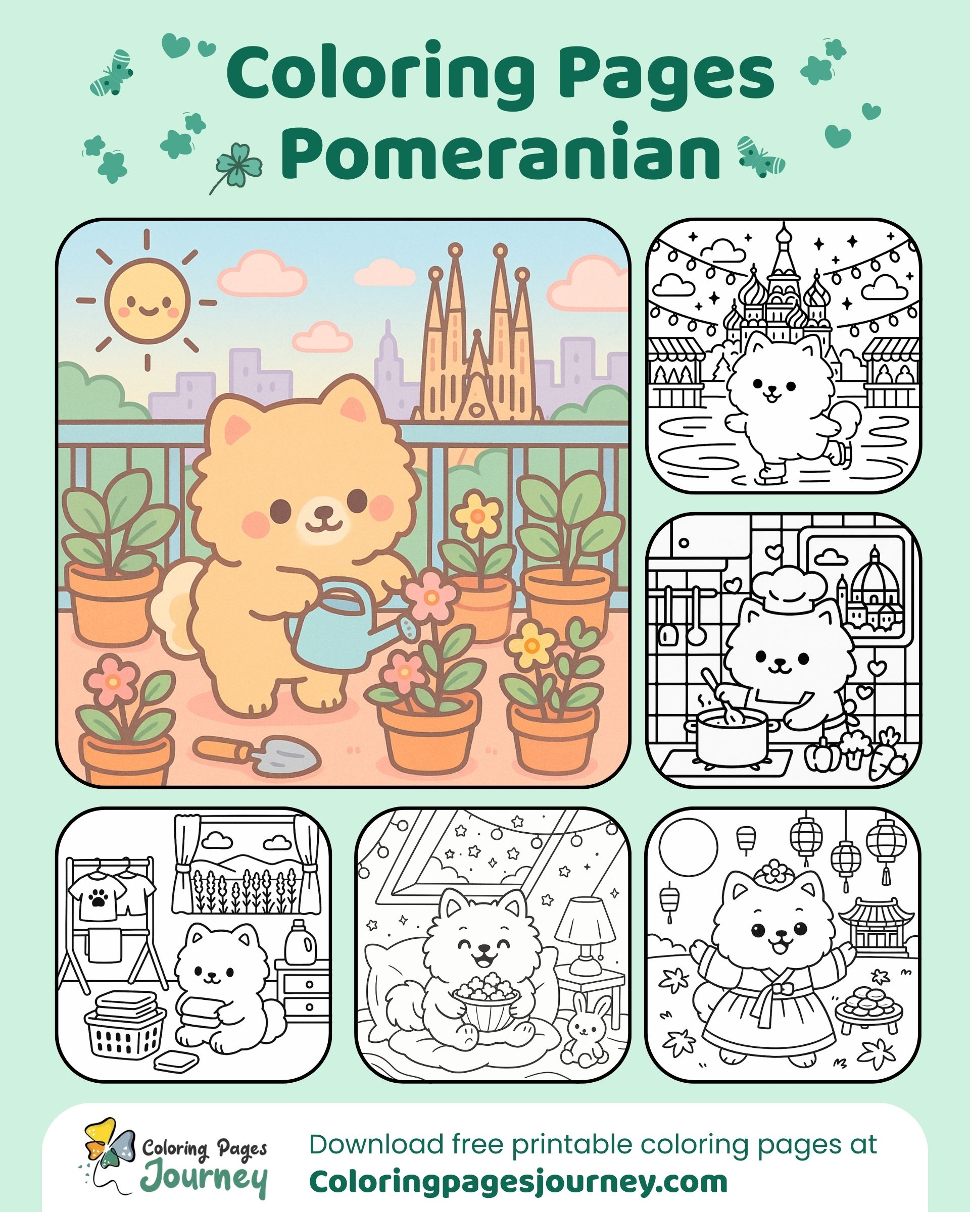 Pomeranian coloring pages set with cozy and cute moments