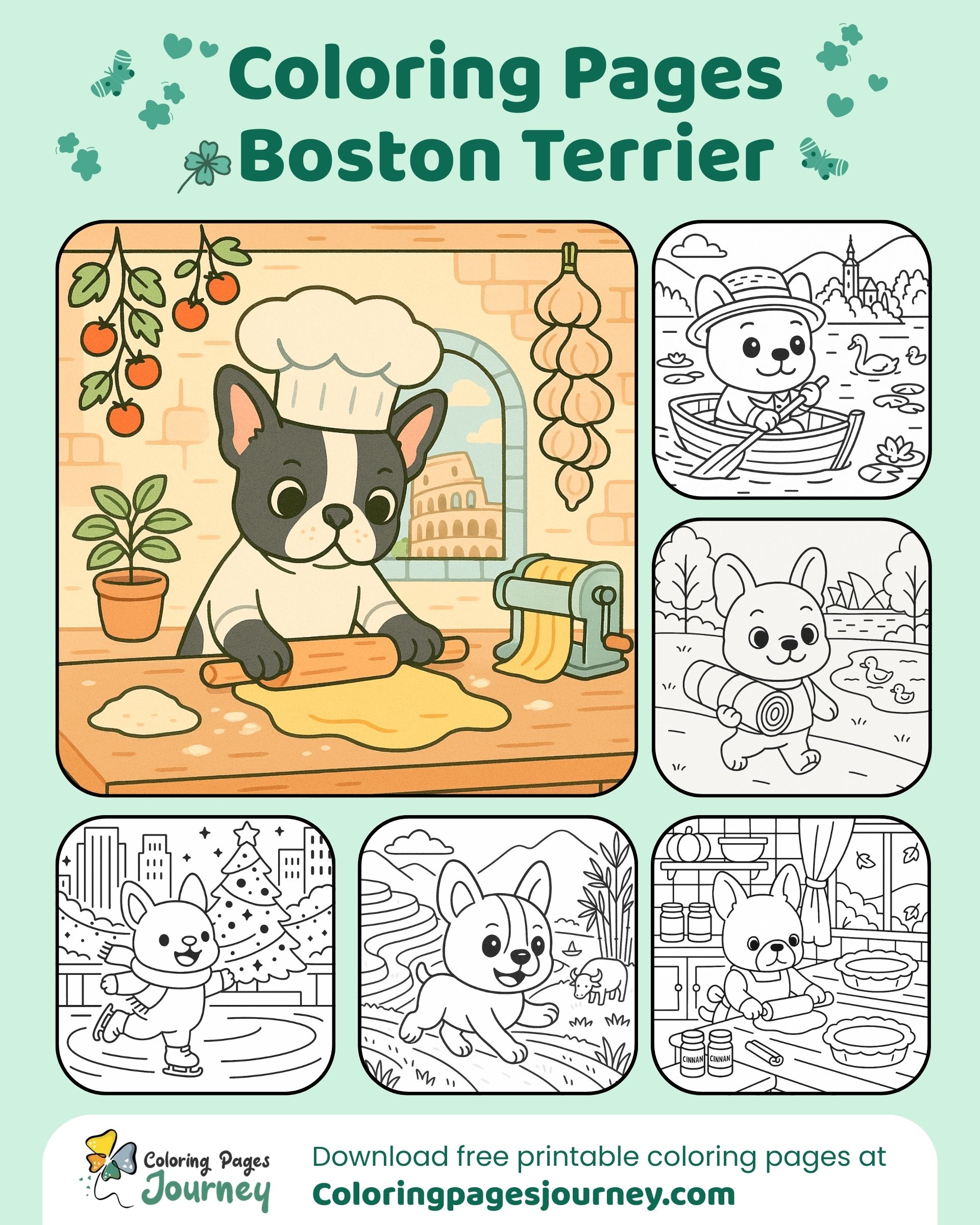 Boston Terrier coloring pages showing playful daily scenes