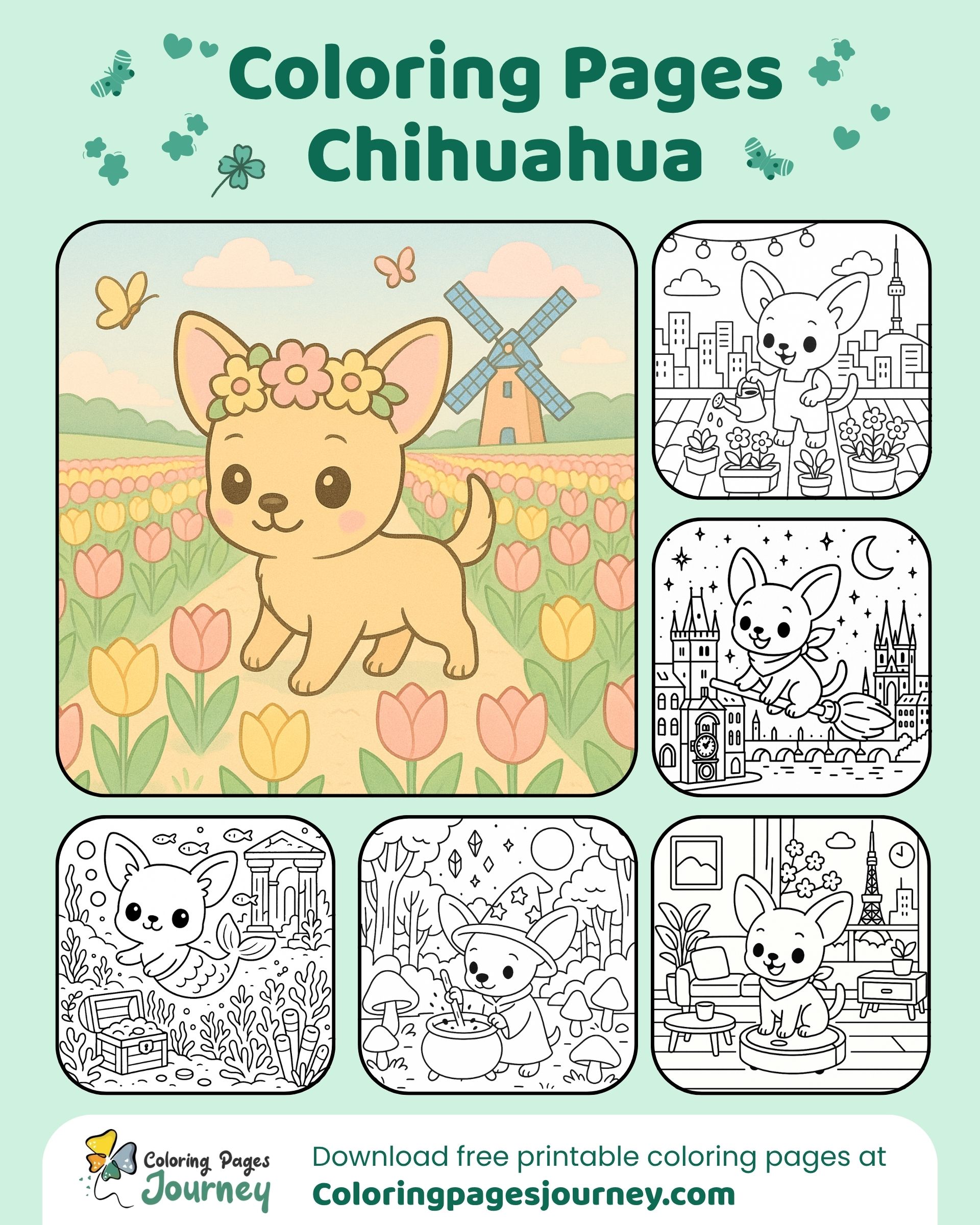 Chihuahua coloring pages with garden, fantasy, and travel scenes