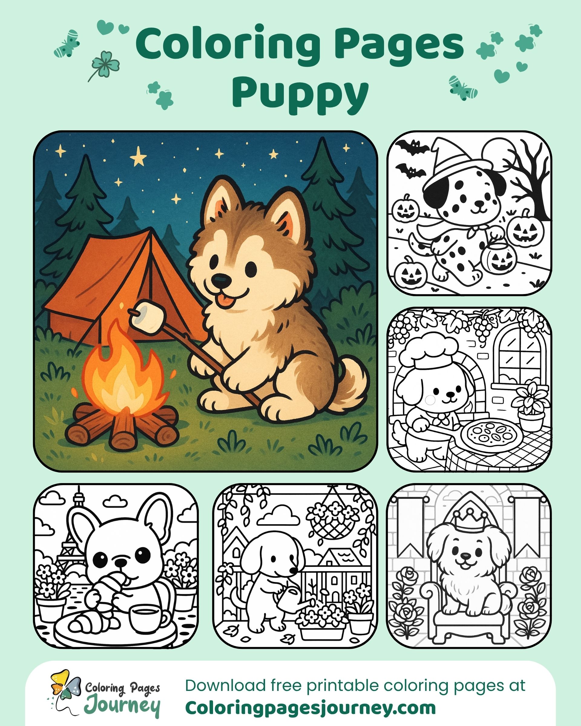 Puppy coloring pages feature different moments of little dogs