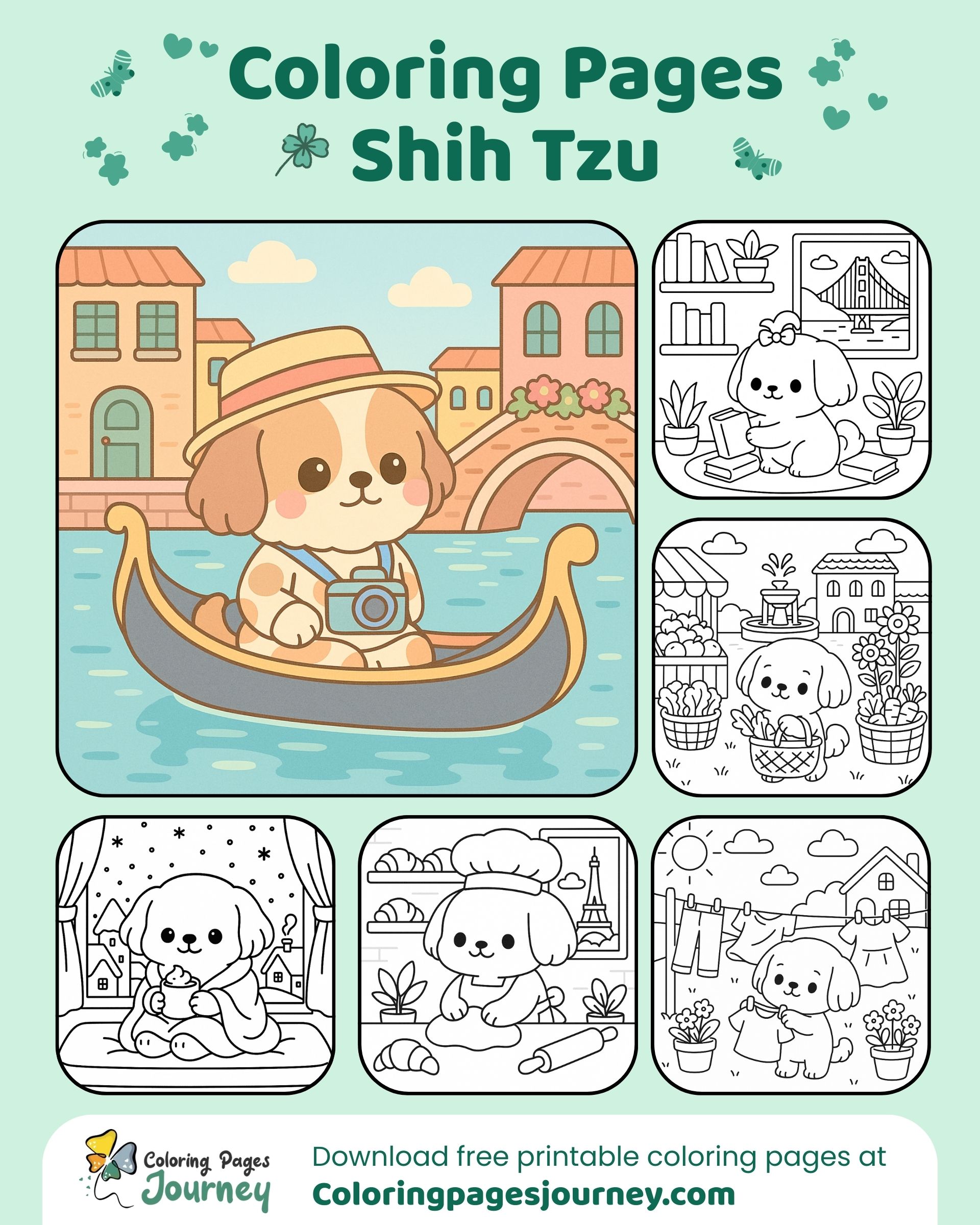 A delightful mix of Shih Tzu coloring pages in many scenes