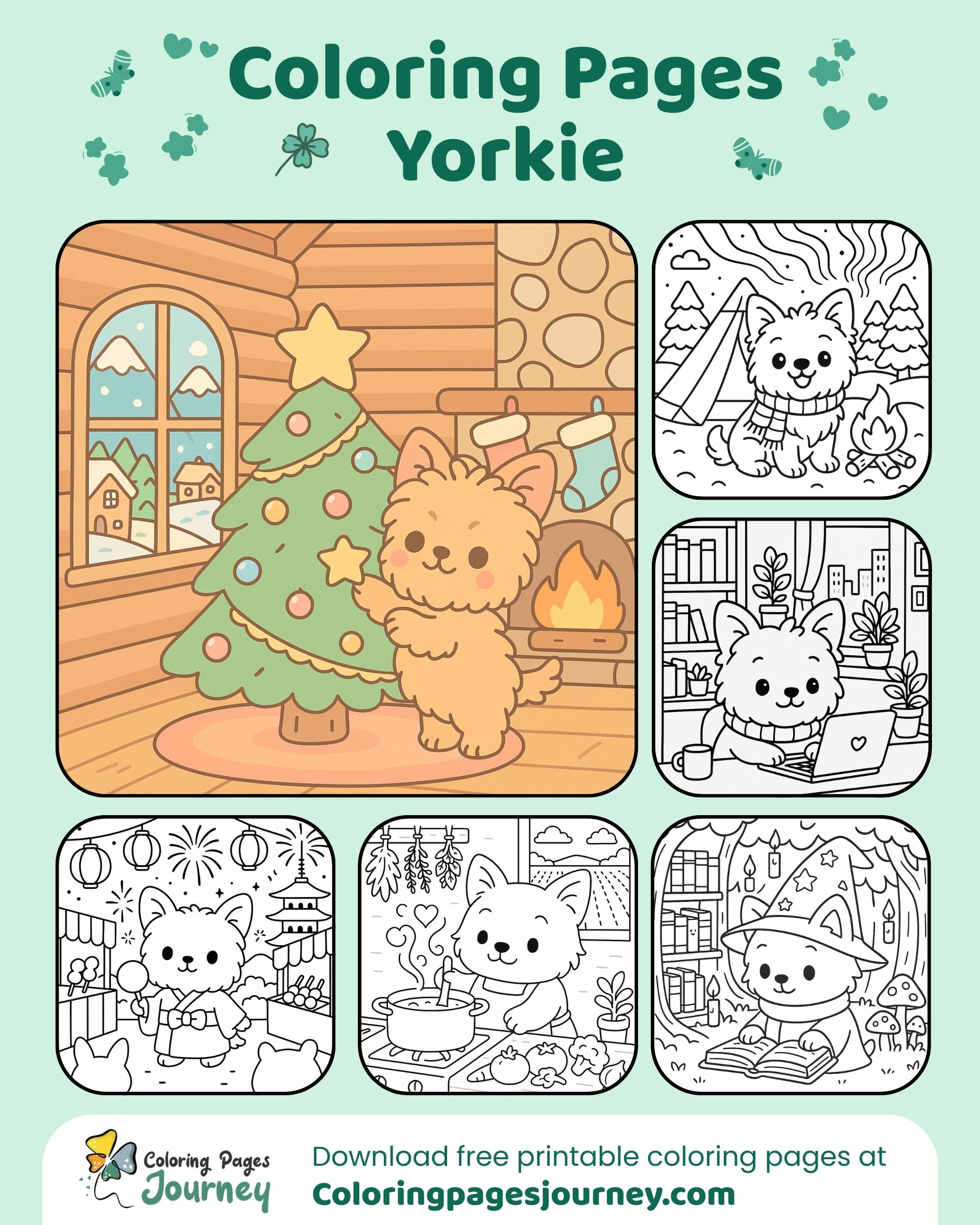 Yorkie coloring pages filled with warm and playful scenes