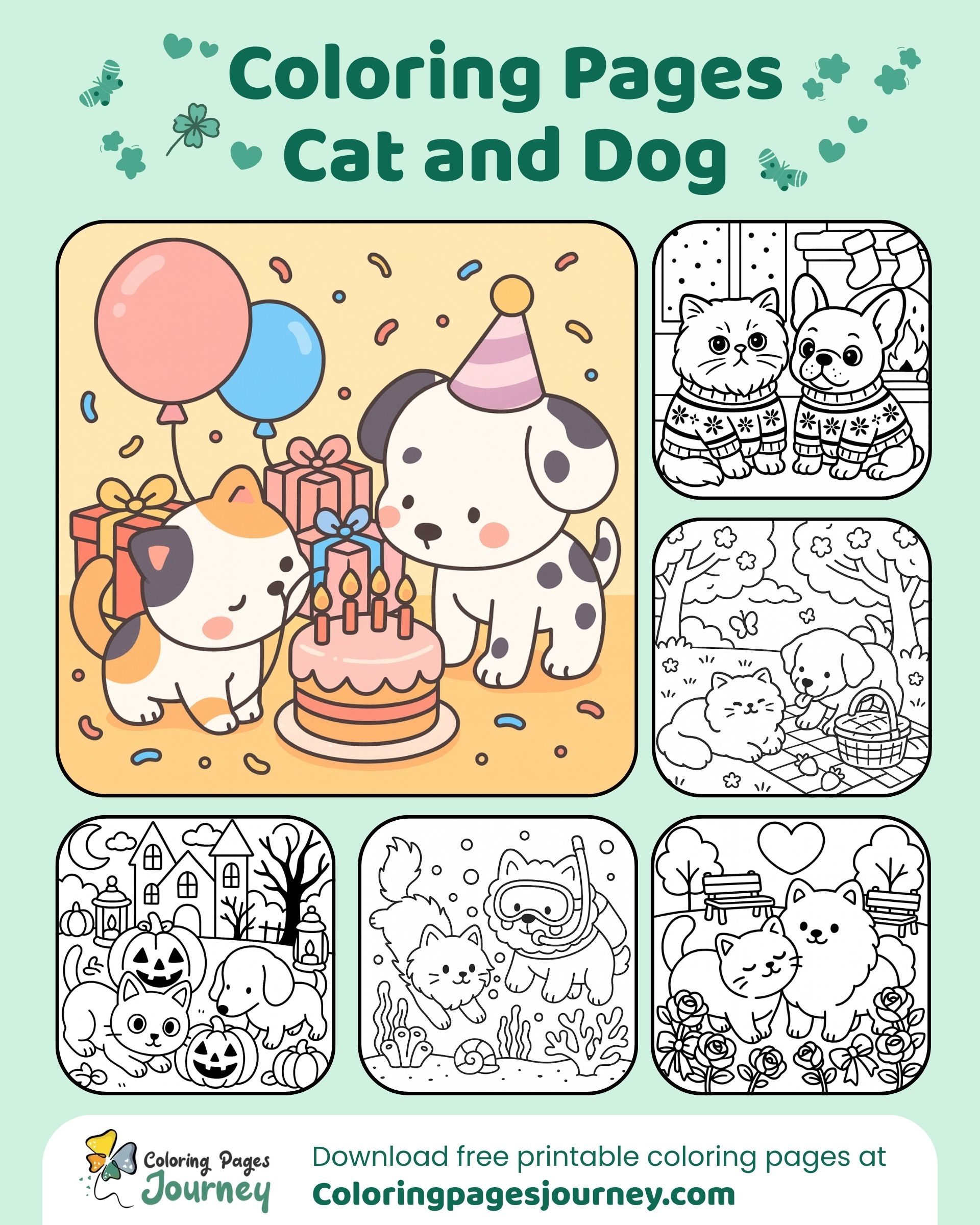 Cat and dog coloring pages set with parties and travel fun