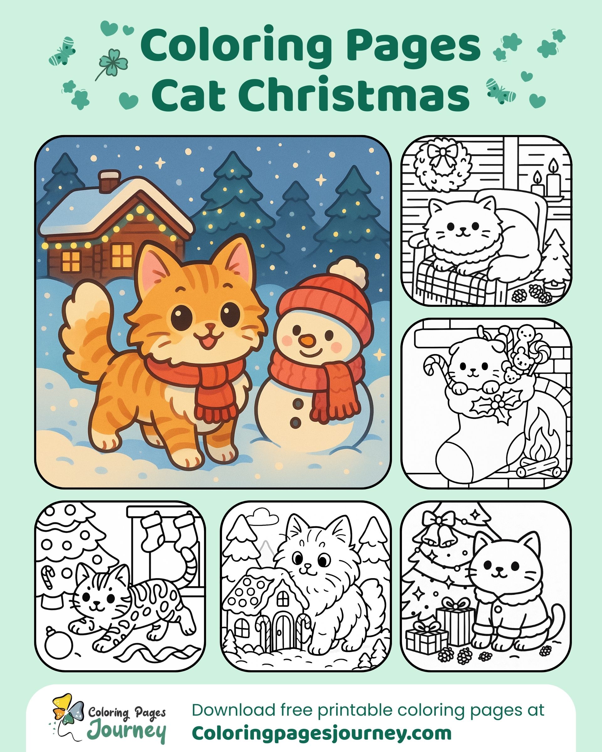 Holiday cat scenes poster with varied coloring pictures