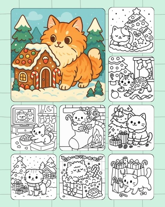 Cat Christmas Coloring Pages, Cozy Festive Scenes With Cats