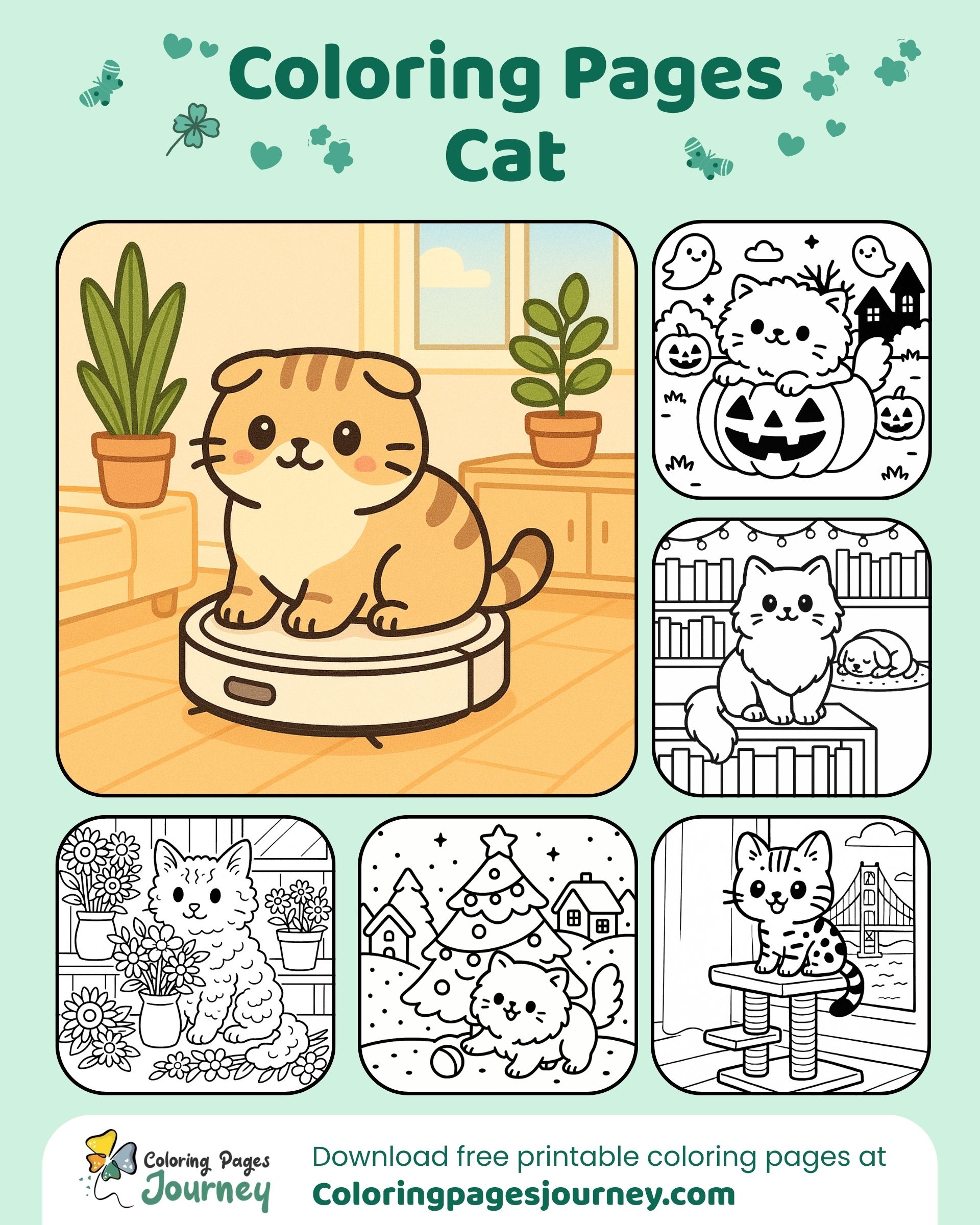 Cat coloring pages set with pumpkins, trees, and toys inside