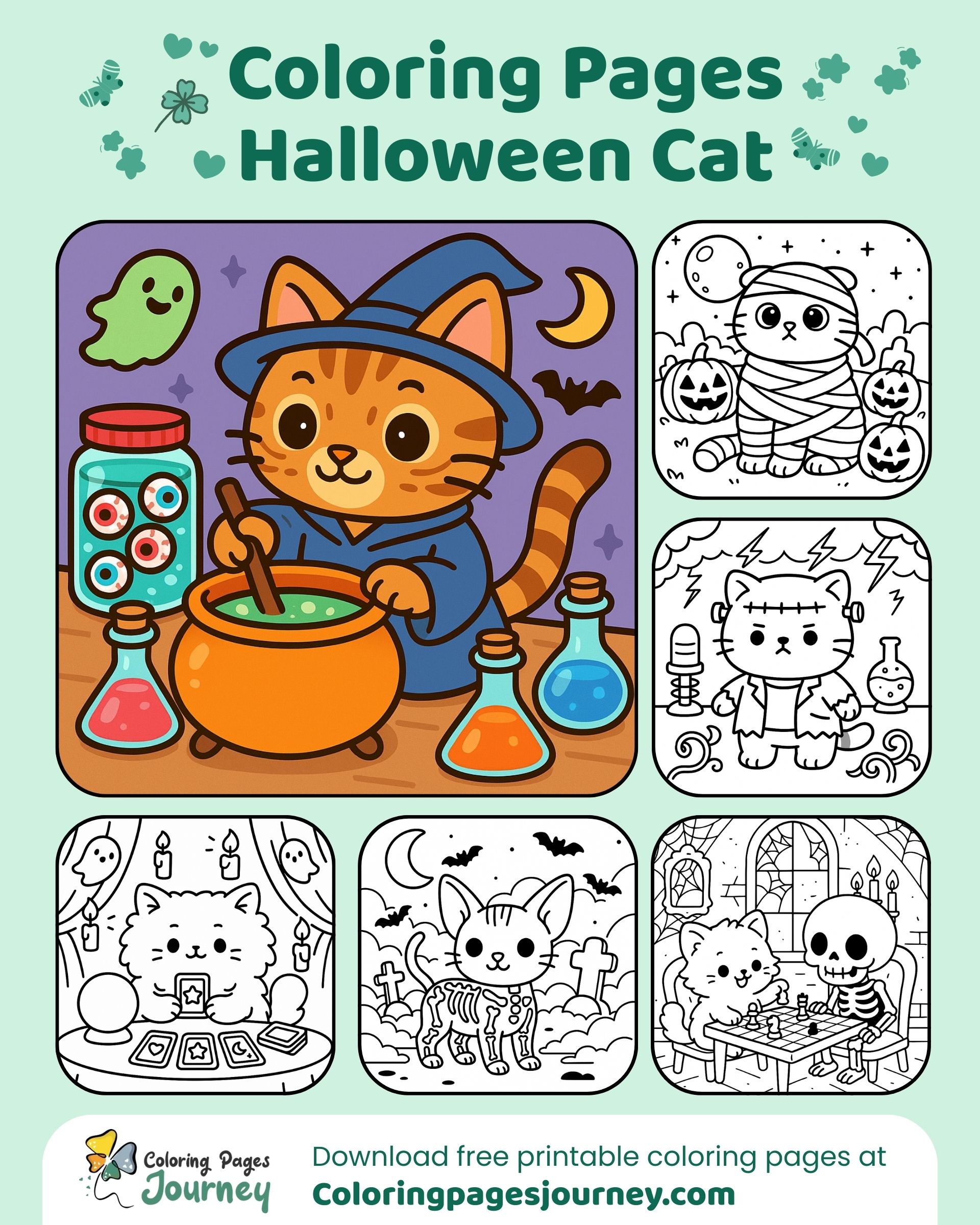 Mix of witchy kittens and spooky coloring ideas for fun
