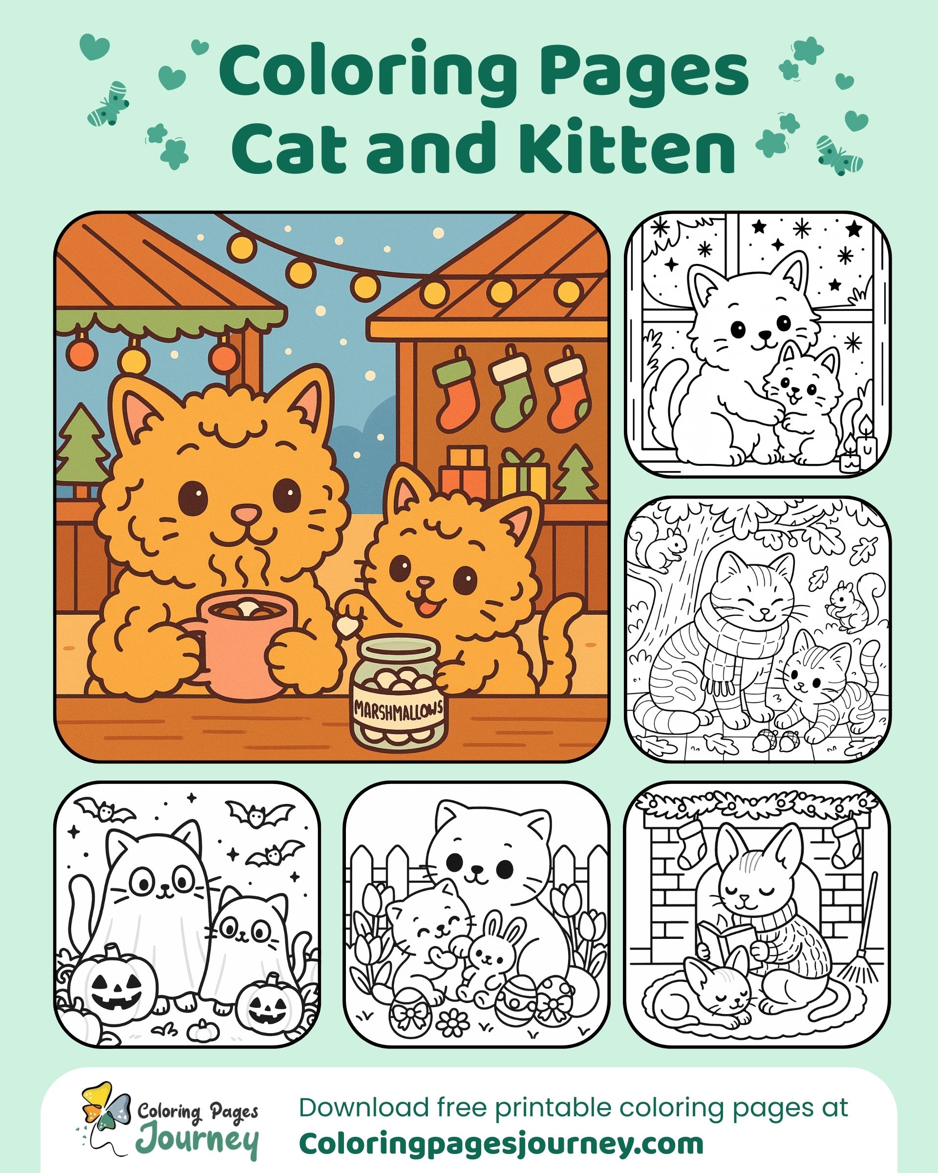 Festive stalls and cozy home coloring images of furry pals