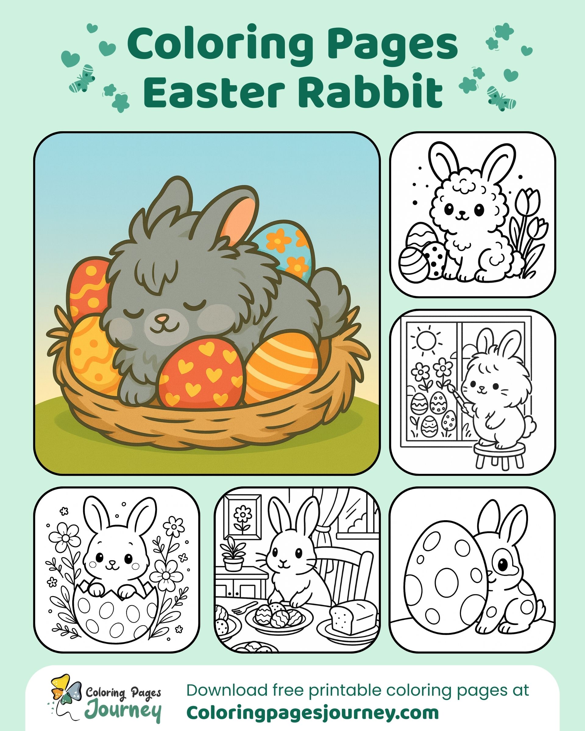 Relaxed bunny collage coloring pages with baskets and eggs