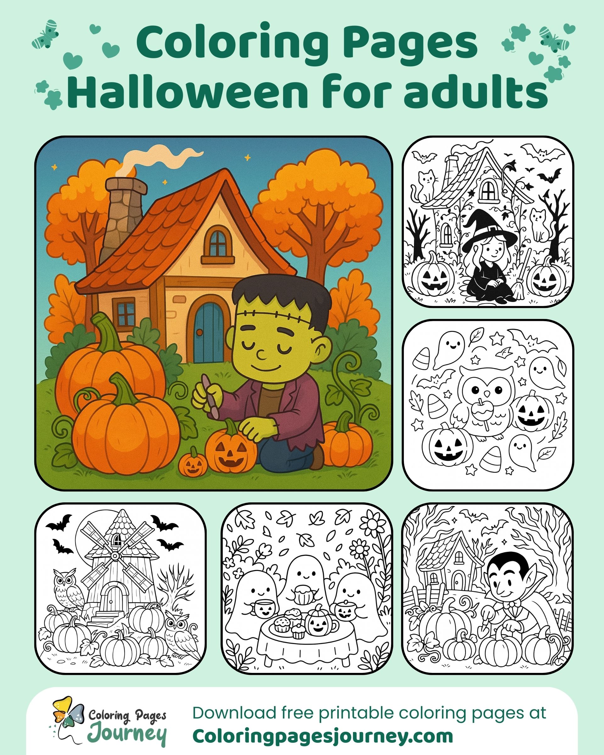 Fall collage of cottages and pumpkins coloring pages set