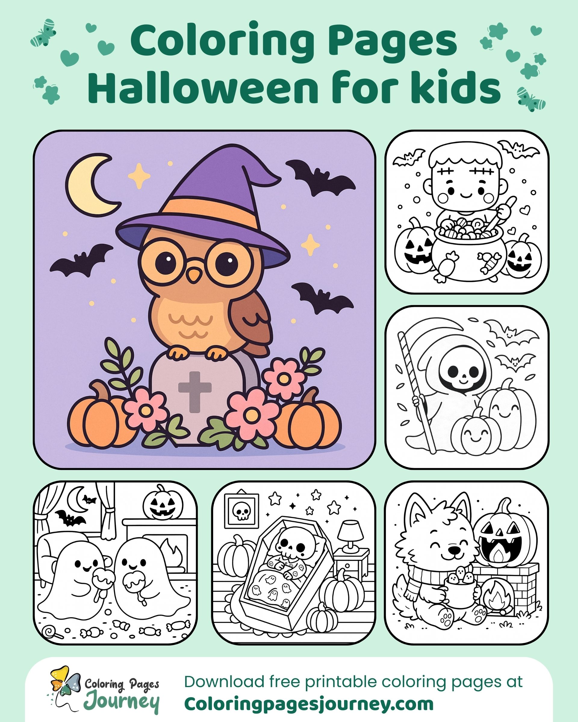 Ghosts chat by the fire as bats and pumpkins frame the fun