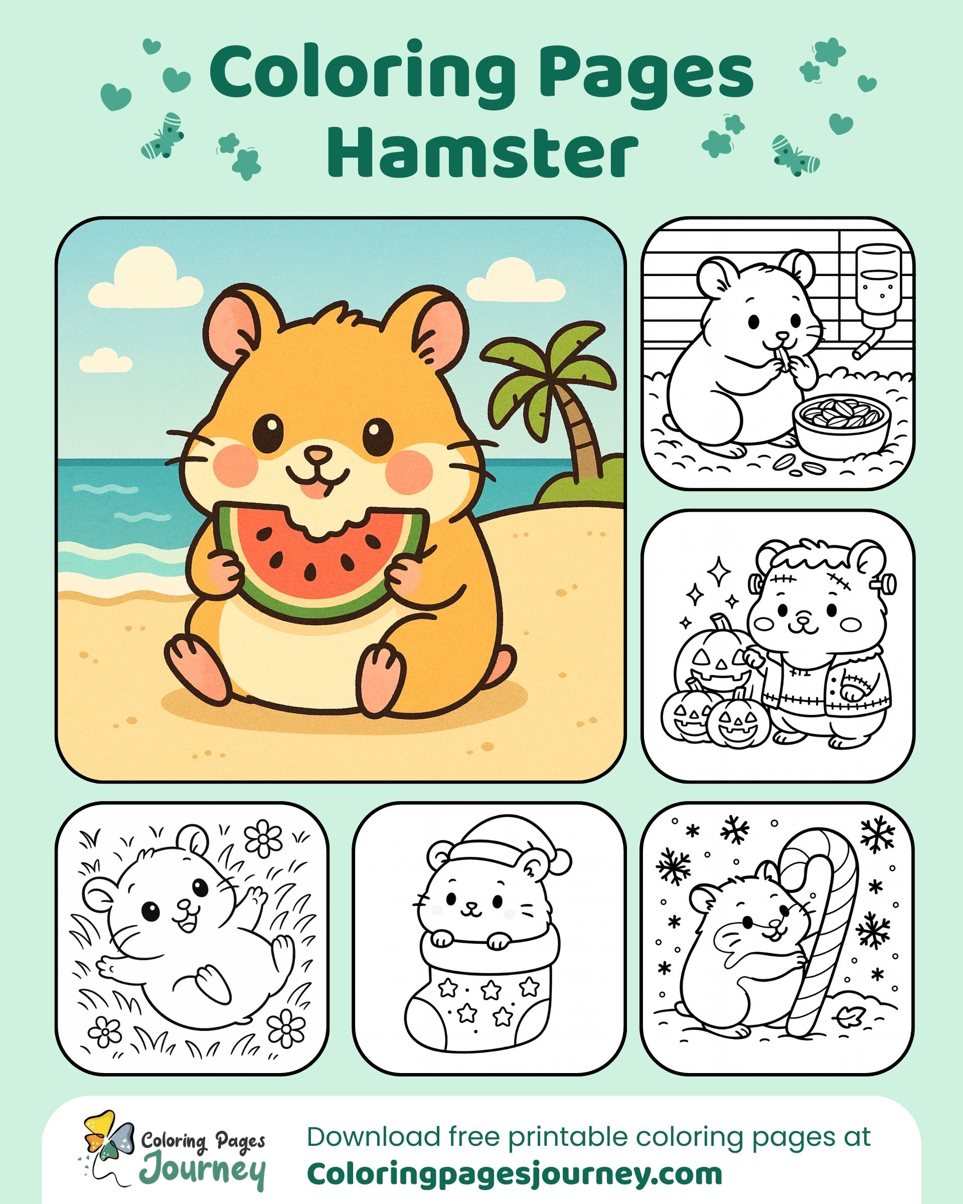Cute beach and seasonal hamster coloring pages collection