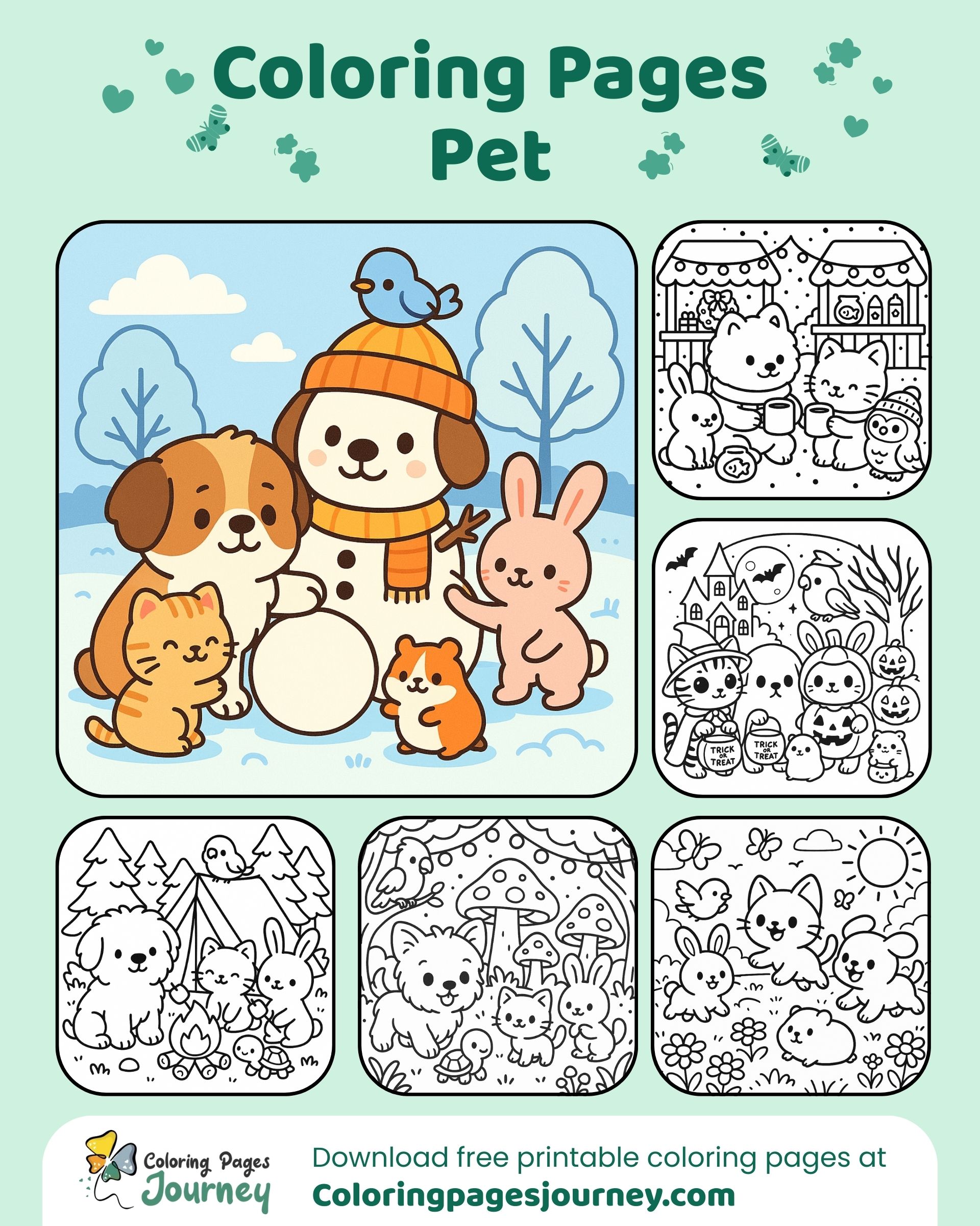 Pets with a snowman and sled, wintry pet coloring pages.