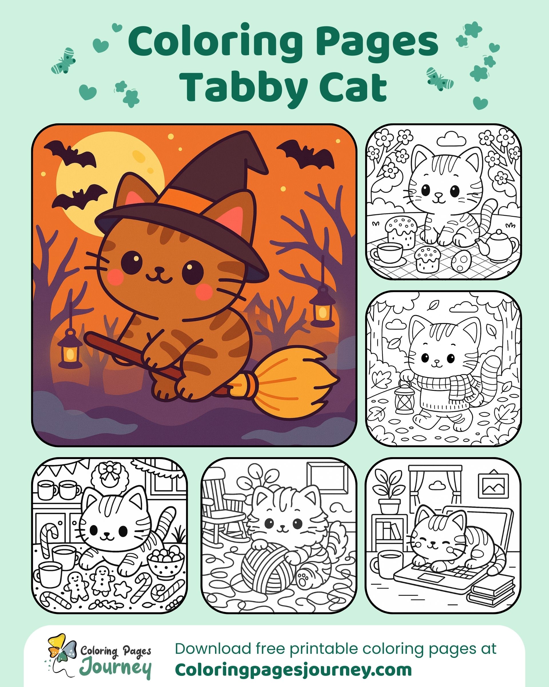 Cover collage of tabby cat coloring pictures for playful fun