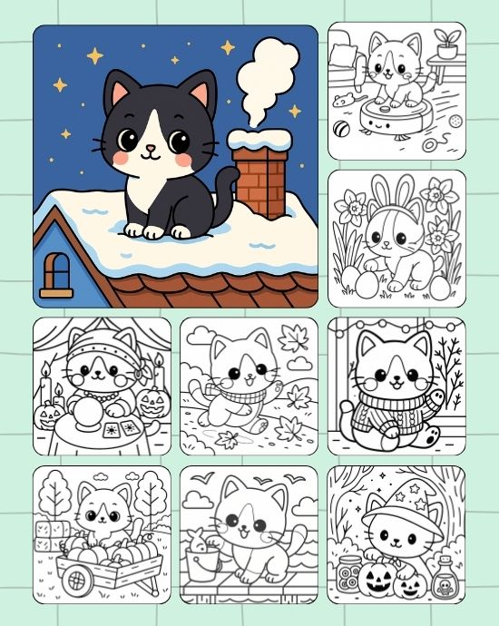 Coloring pictures of a tuxedo cat across seasonal moments
