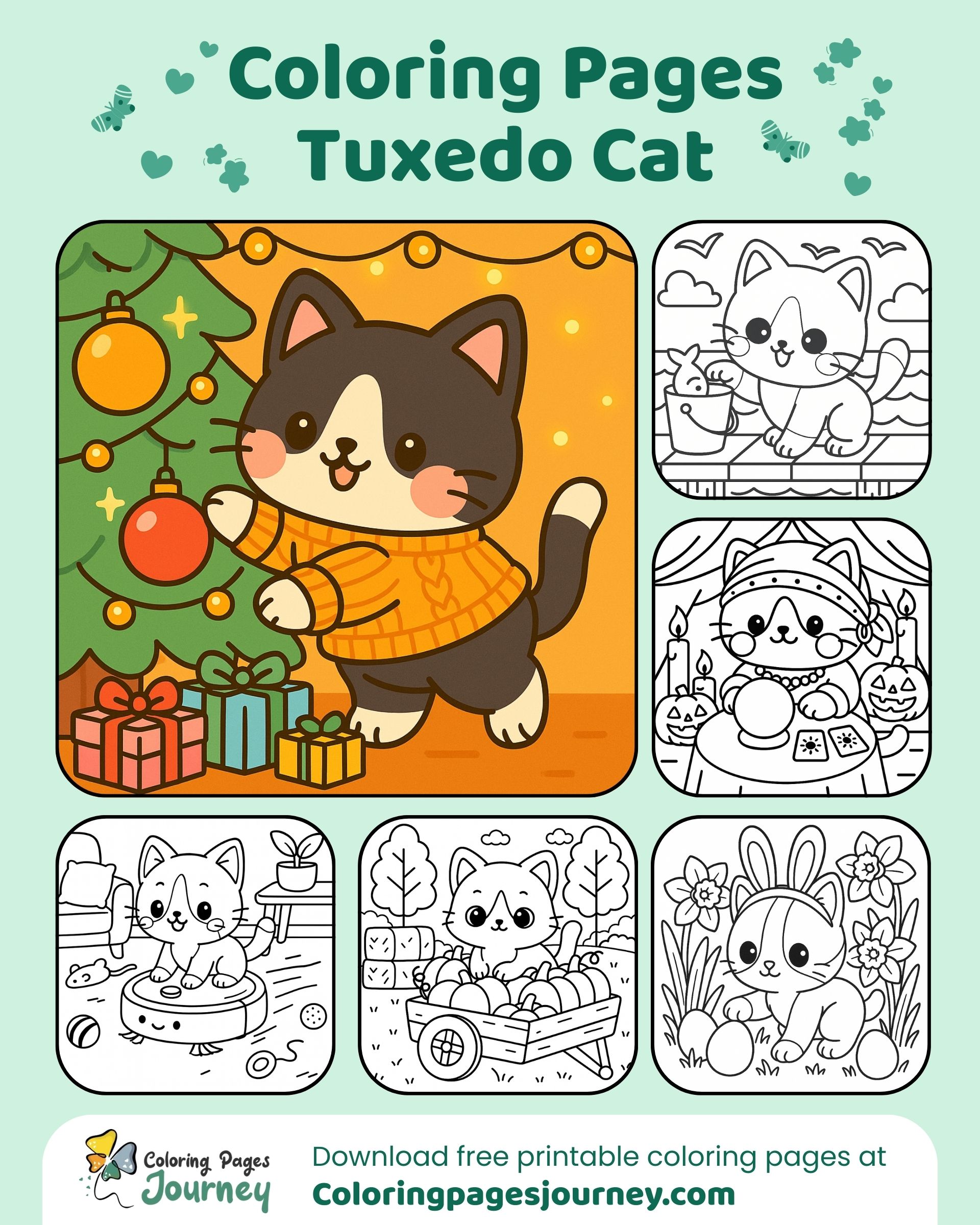 Cute tuxedo cat coloring images for parties and quiet nights
