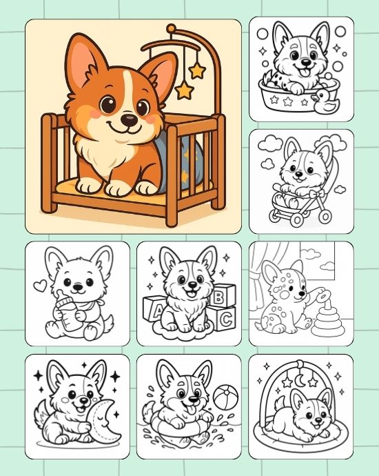 Nursery crib collage with baby corgi easy coloring pages
