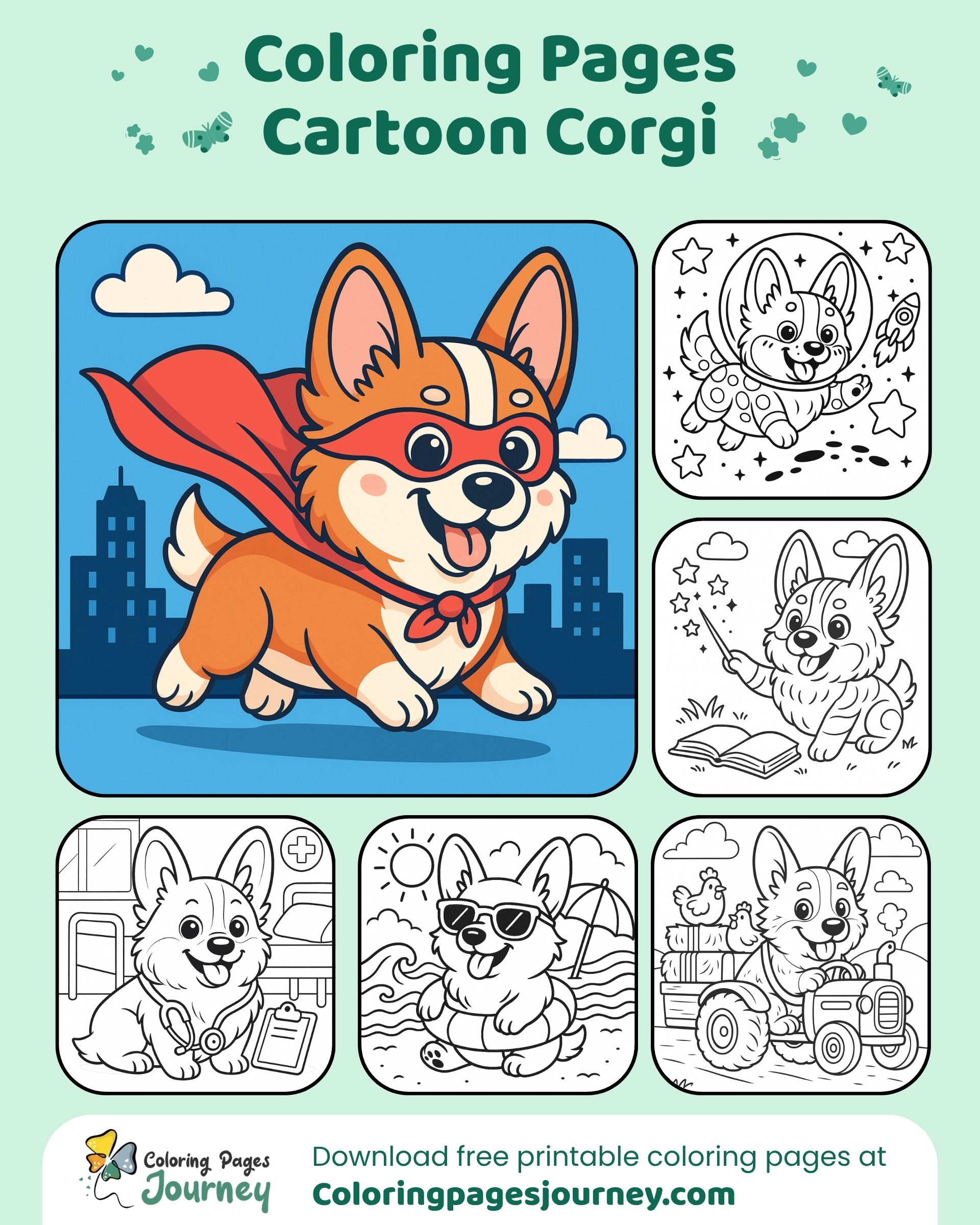 Happy cartoon Corgi coloring pictures with playful roles