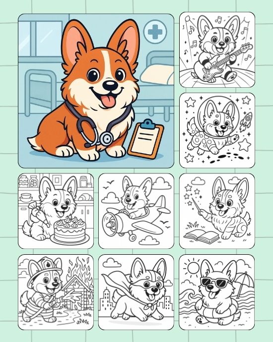 Cartoon Corgi coloring pages with bright happy moments