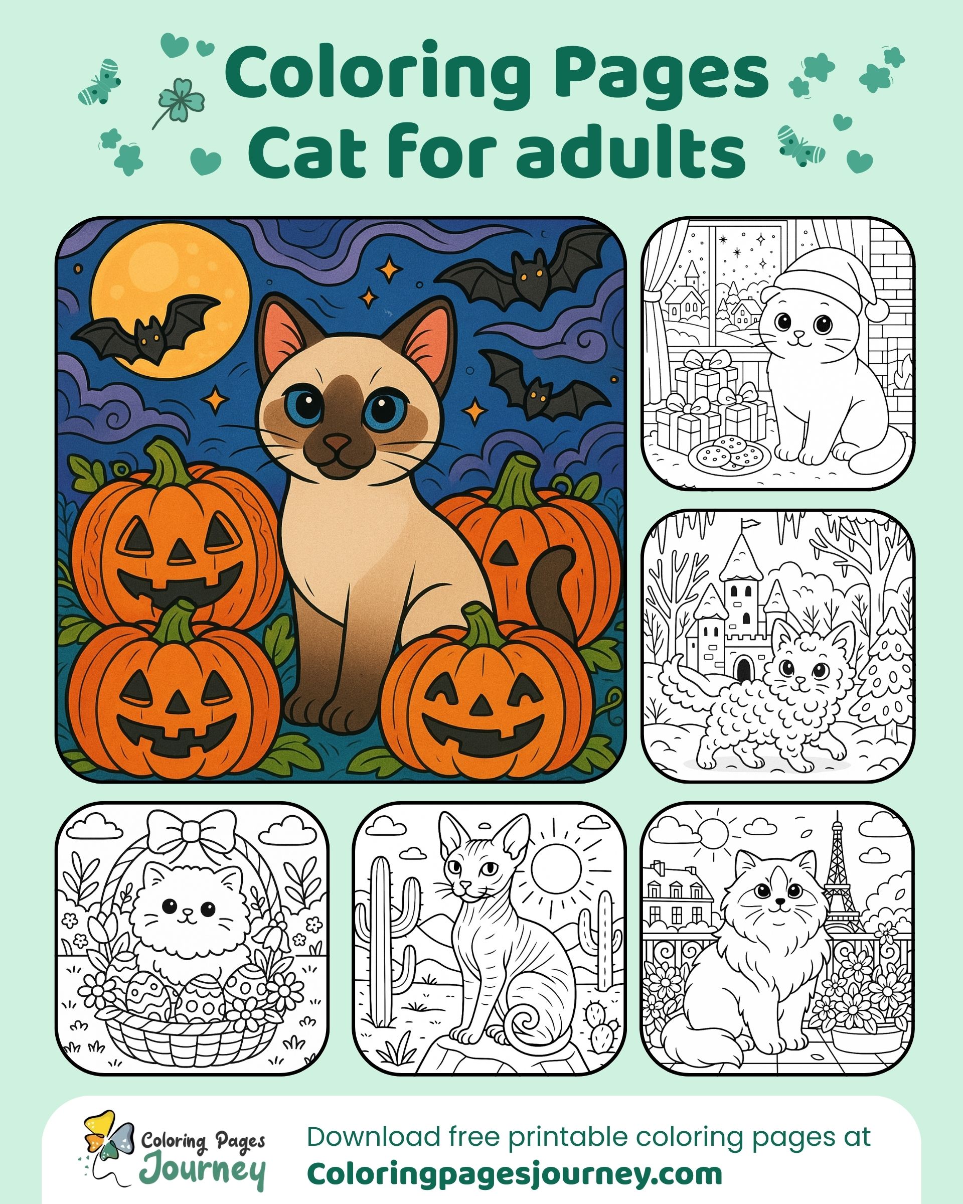 Halloween cat coloring pages with pumpkins and night sky