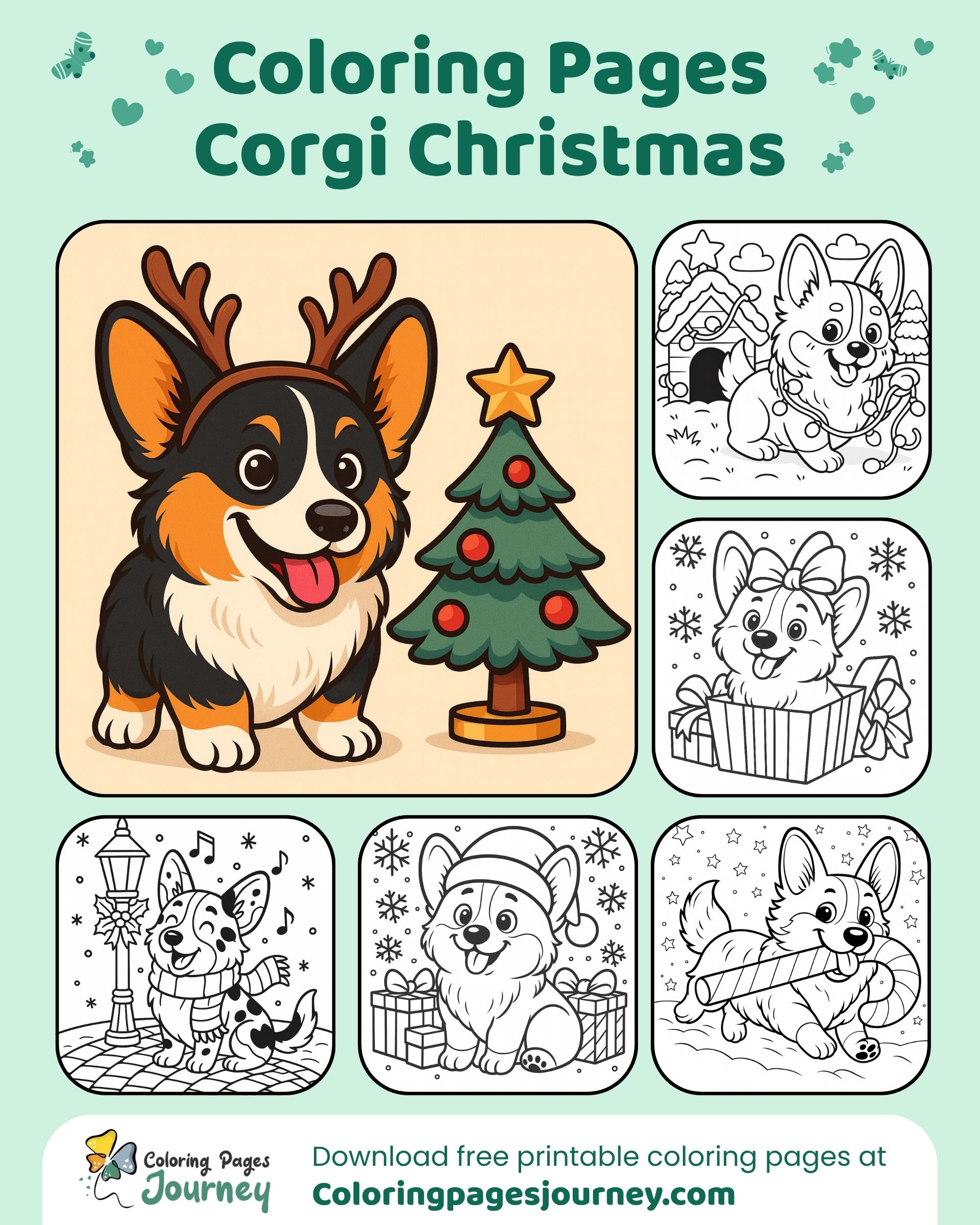 Holiday corgi gallery with gifts and cozy coloring images