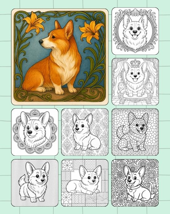 Elegant corgi garden coloring images with pattern tiles