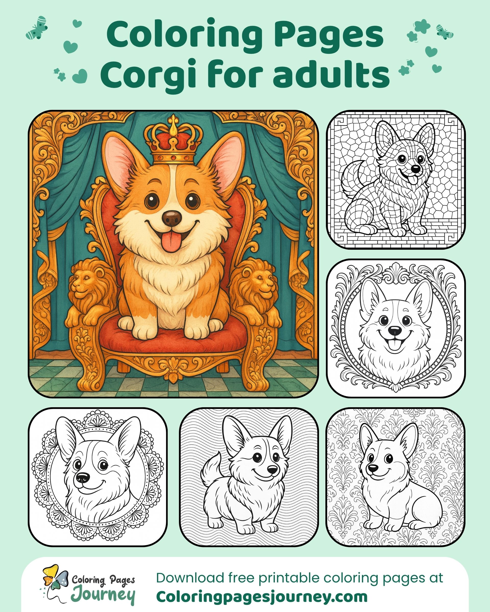 Royal corgi themed coloring pages set with cozy line art