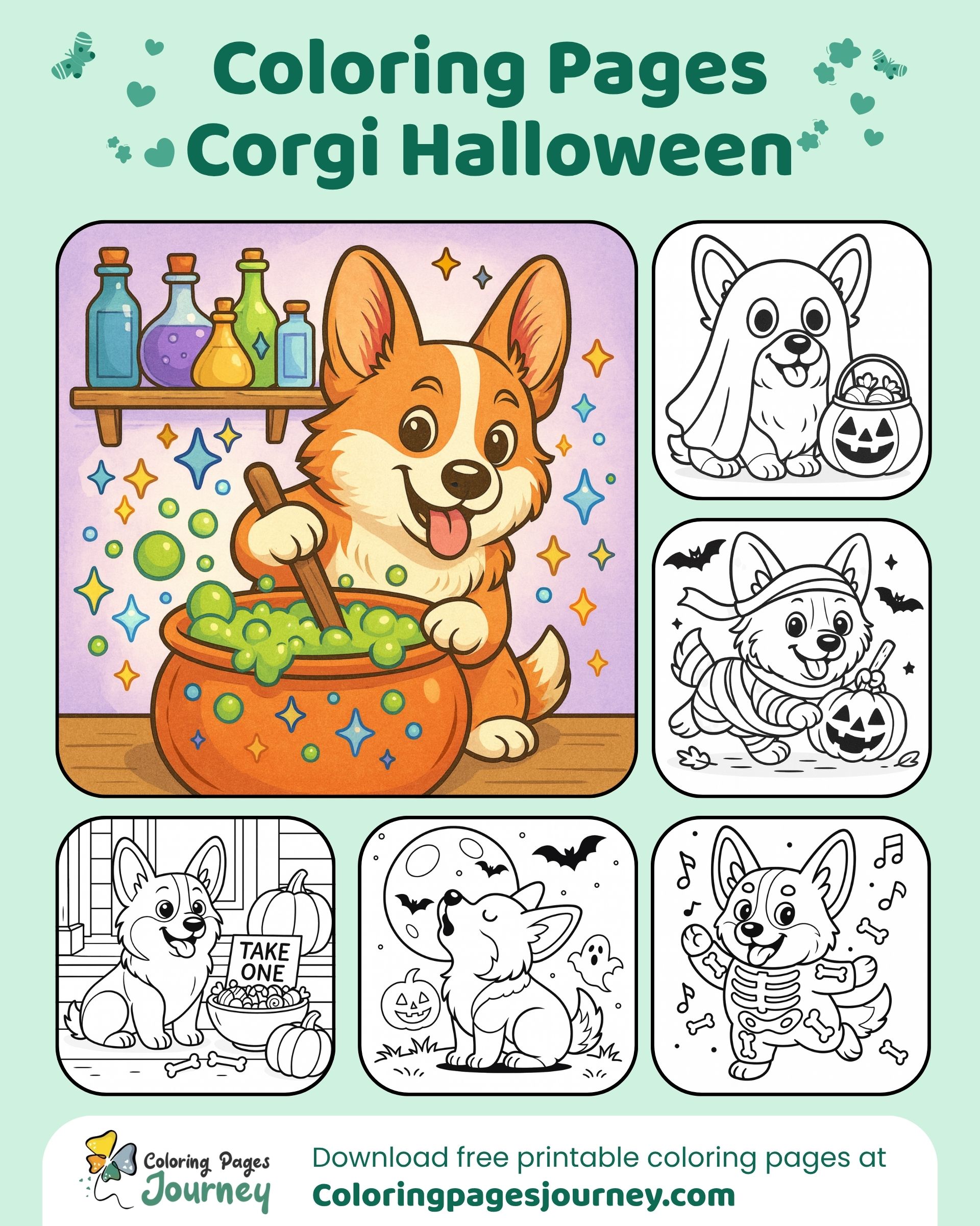 Potion Corgi at bubbling pot with Halloween coloring pages