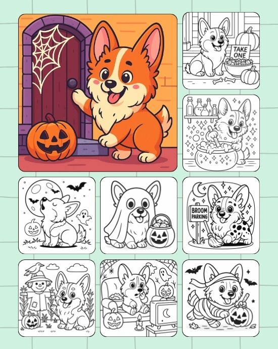 Center door Corgi with grid of Halloween coloring pages
