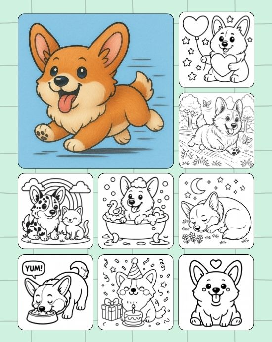 Corgi collage coloring images with hearts, cakes and naps