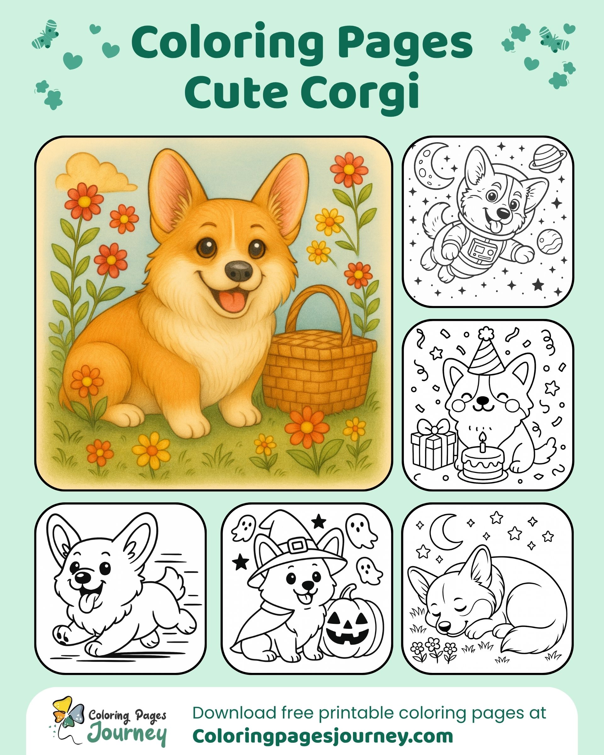 Garden basket corgi coloring pictures with fun extras inside