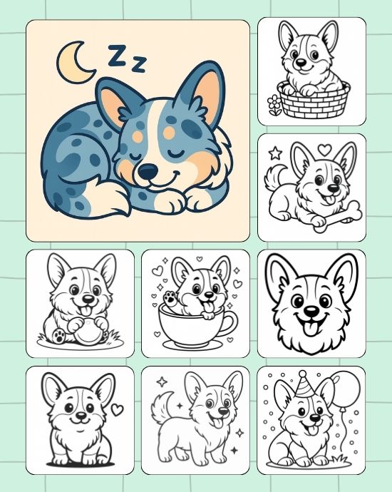 Sleepy corgi collage coloring pages with playful images