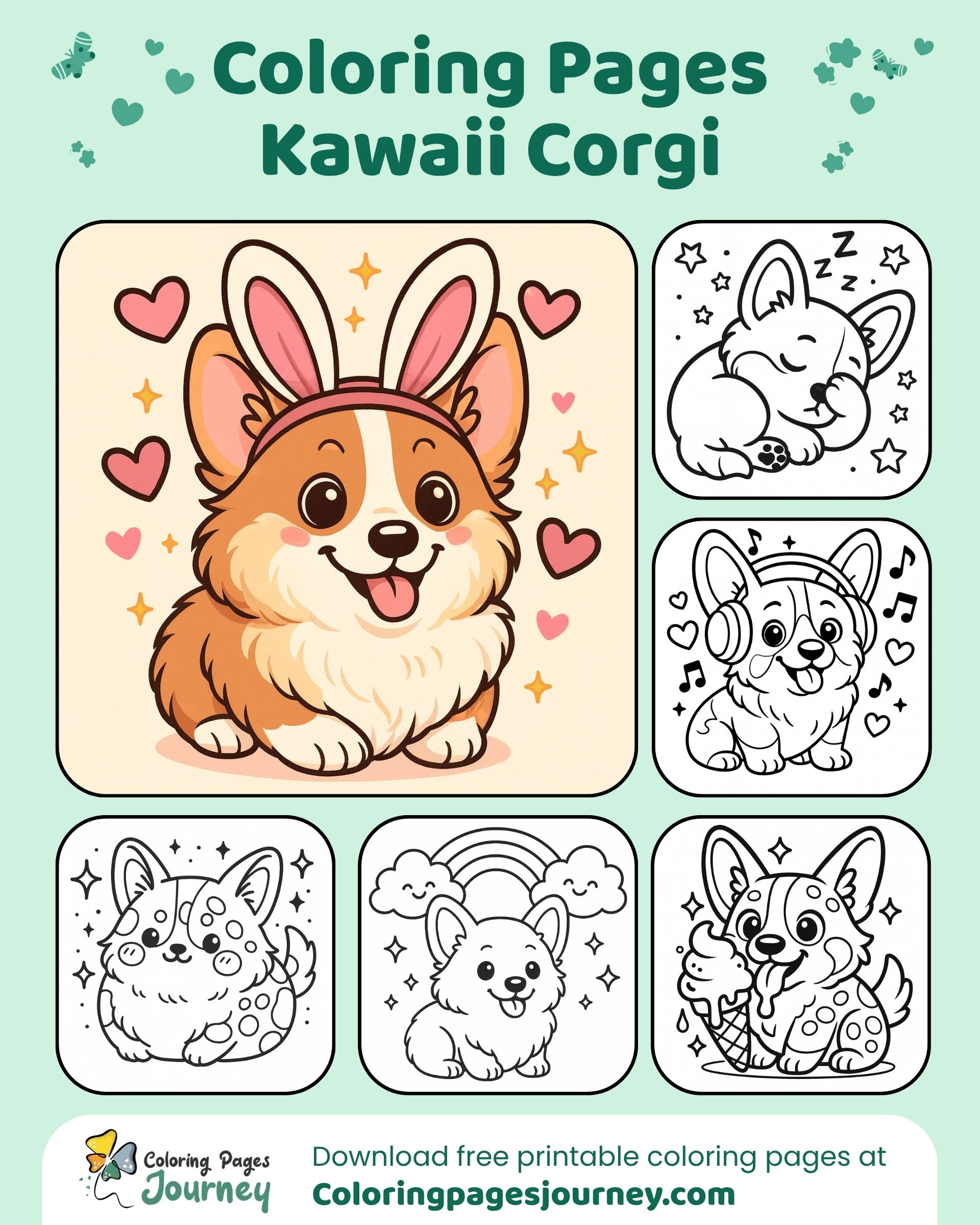 Collage of Kawaii Corgi coloring pages with hearts and stars