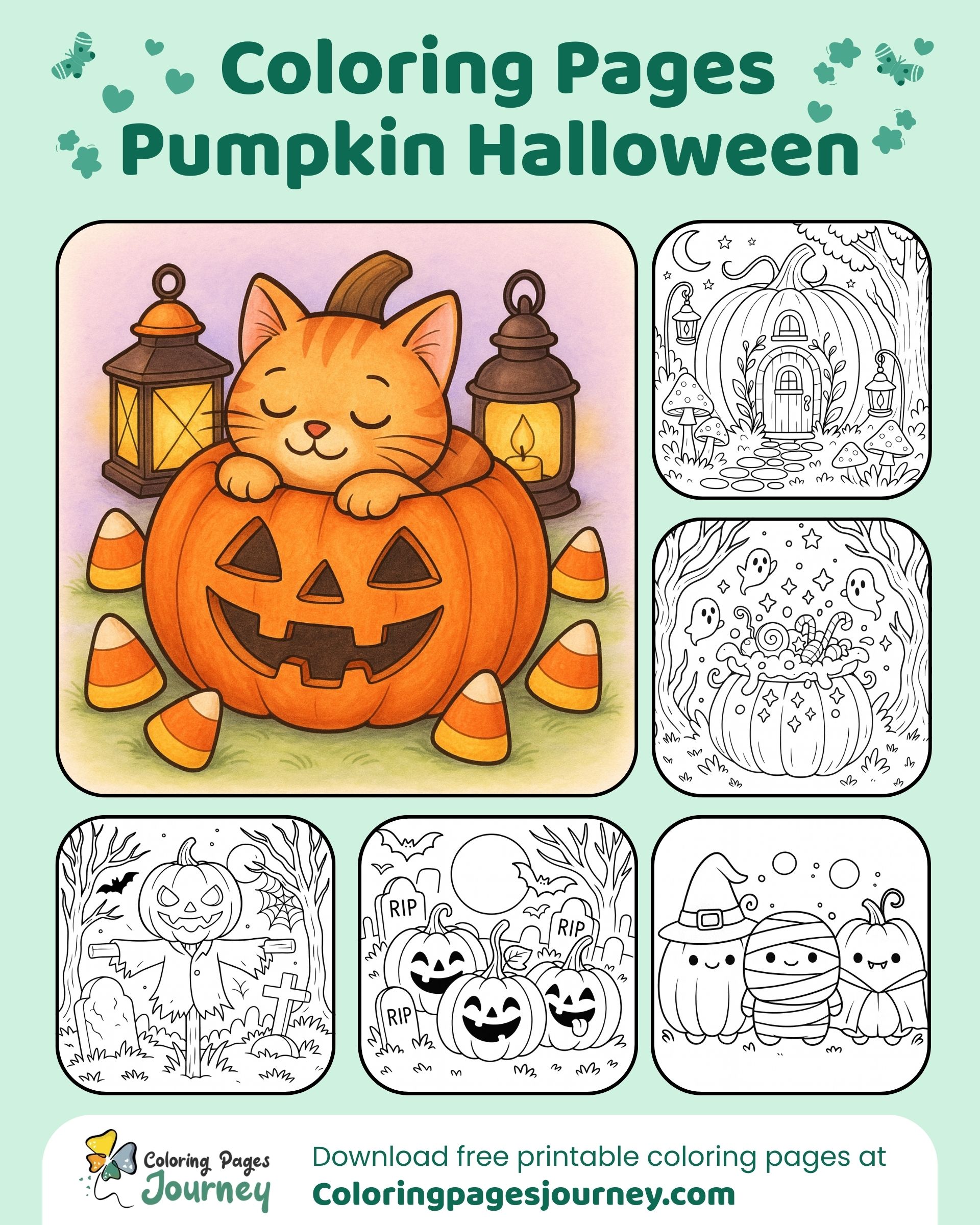 Kitten and lanterns set of Halloween coloring pages
