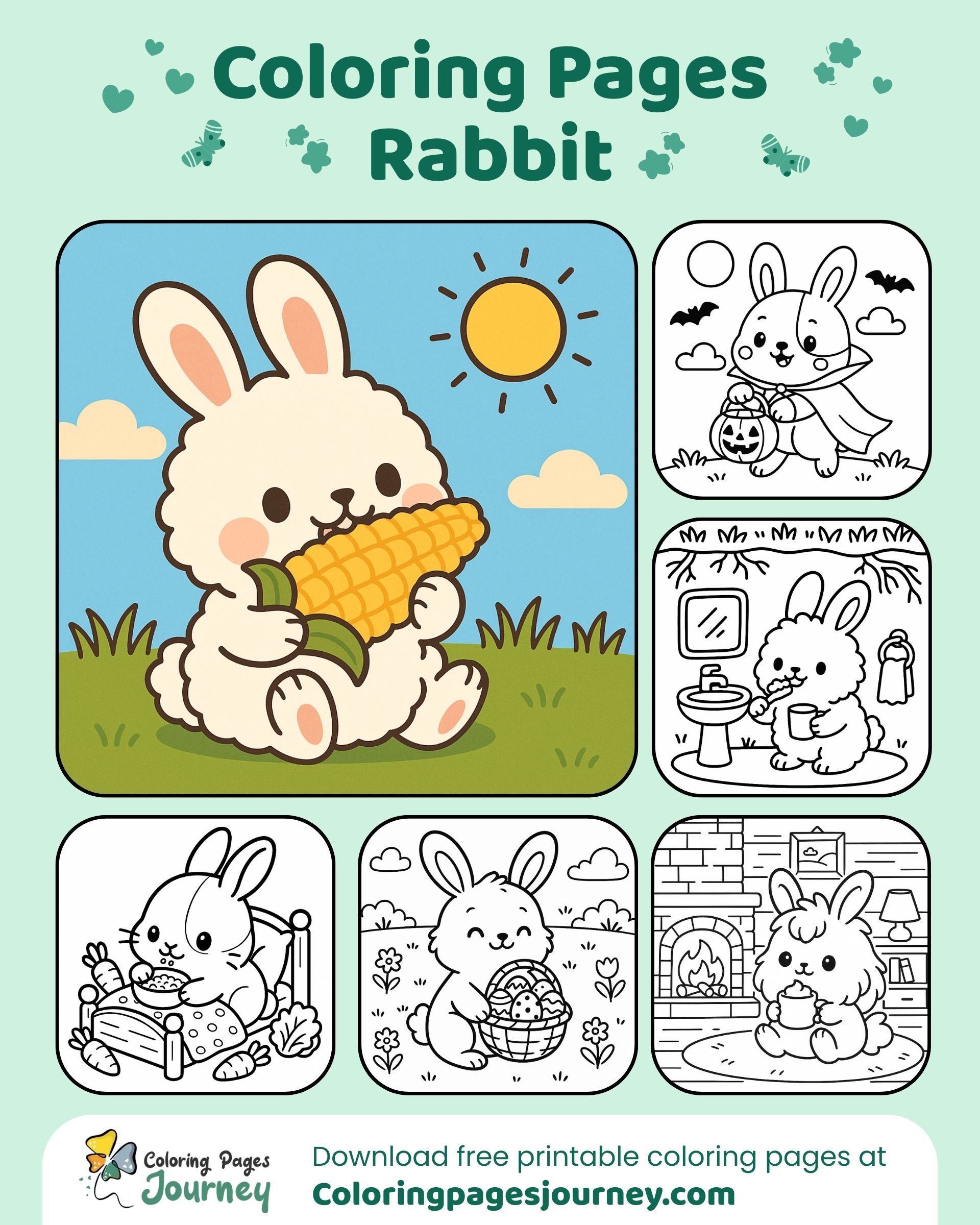 Summer rabbit coloring images with corn and soft skies above