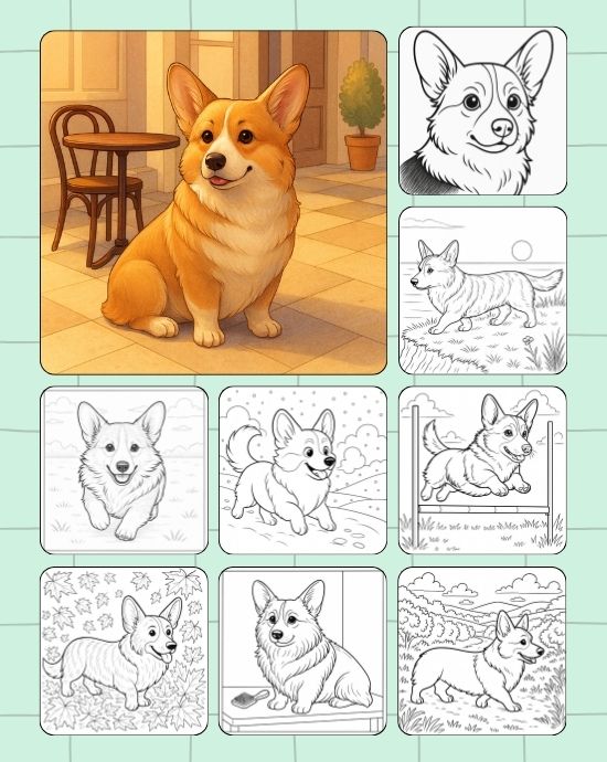 City cafe realistic Corgi coloring pages mix of daily scenes