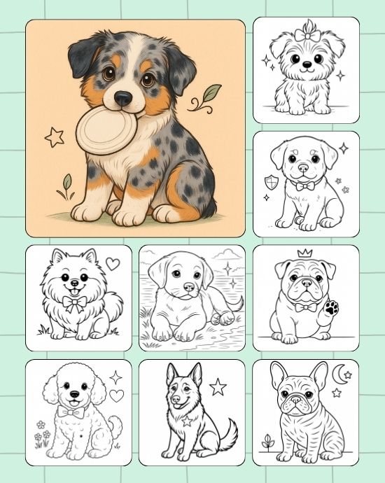 Collection cover showing realistic dog coloring pictures set
