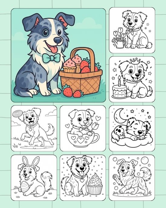 Picnic basket Border Collie spring coloring pictures set