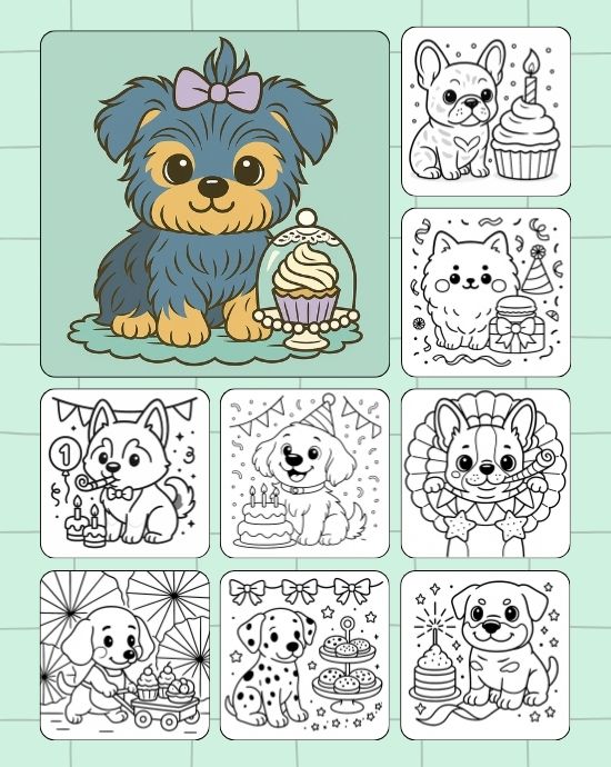 Birthday dog dessert-themed coloring images in one bundle