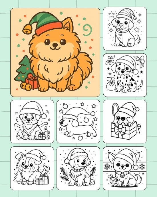 Fluffy holiday dog coloring pages mix with tiny previews