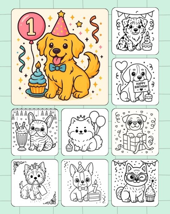 Collage of birthday puppies in playful dog coloring images